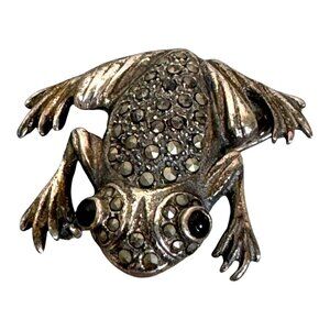 Vintage 925 sterling silver vintage marcasite Frog brooch black gem eyes pin